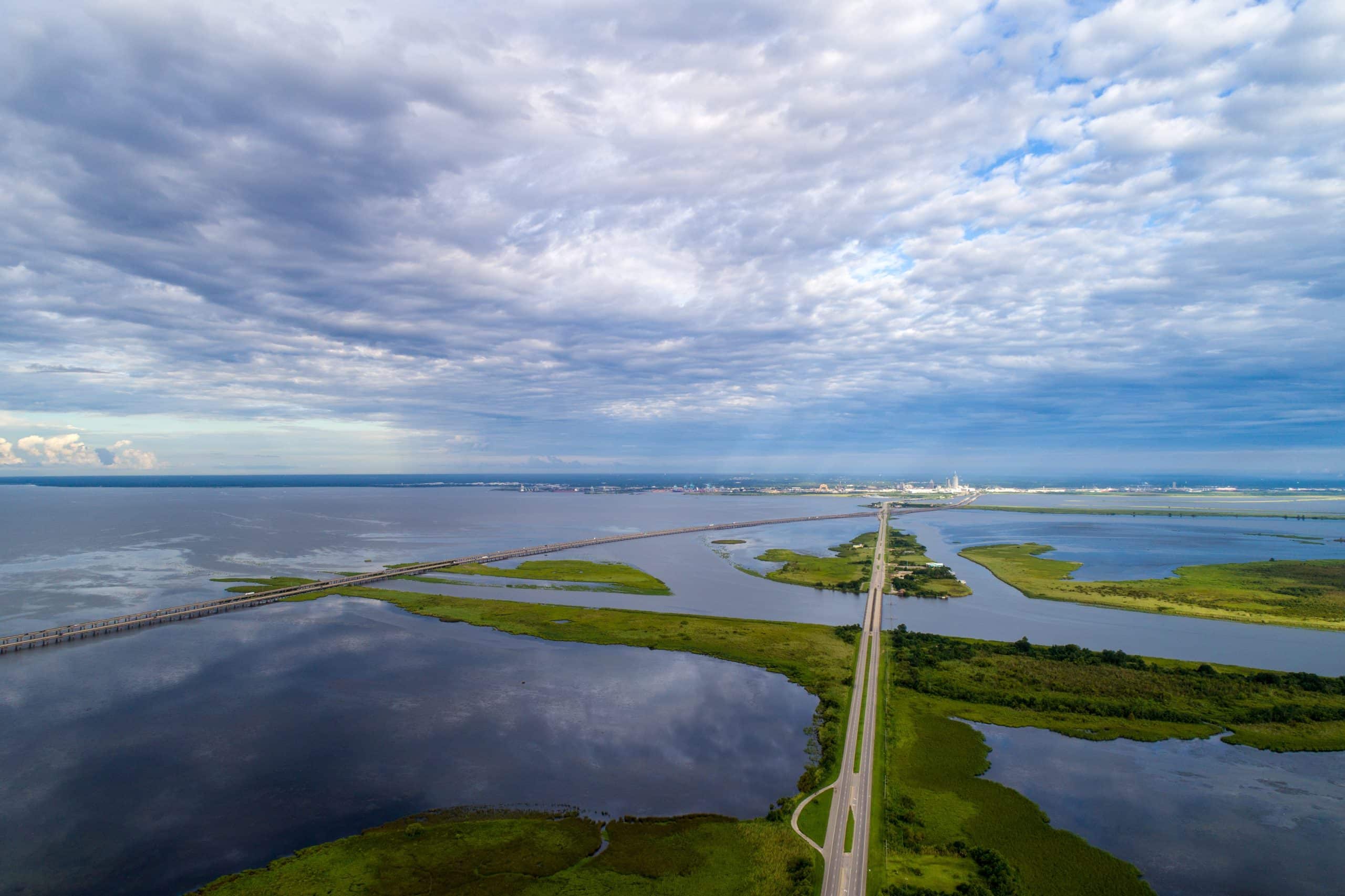 Aerial view of Mobile Bay and the delta on the Alabama Gulf Coast